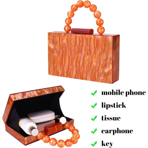 Women's Orange Acrylic Marbling Clasp Closure Formal Wedding Cross Body Clutch - Picture 5 of 6